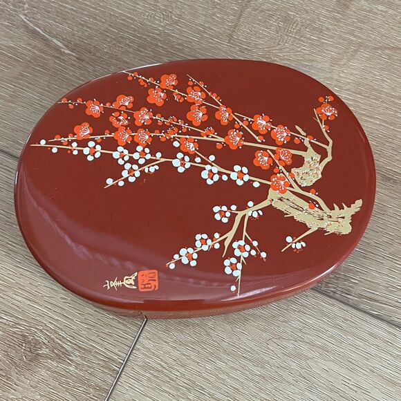 Vtg Japanese Bento Box Serving Box Ume Design Lacquerware 7x5x2" Cherry Blossom - Picture 1 of 7